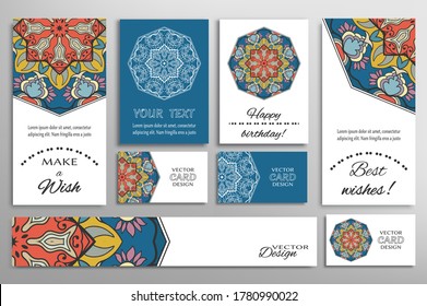 Big set of greeting Cards or wedding Invitations. Postcards template with inscription Make a Wish, Best Wishes, Happy Birthday. Banner, business cards with mandala ornament. Isolated design elements