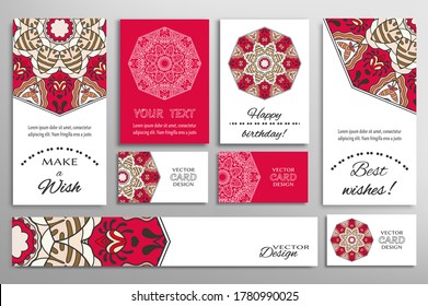Big set of greeting Cards or wedding Invitations. Postcards template with inscription Make a Wish, Best Wishes, Happy Birthday. Banner, business cards with mandala ornament. Isolated design elements