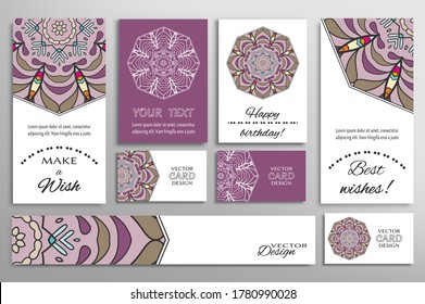 Gran juego de tarjetas de felicitación o invitaciones de boda. Plantilla de postales con inscripción Hacer un deseo, mejores deseos, cumpleaños feliz. Cartel, tarjetas de visita con ornamento mandala. Elementos de diseño aislados
