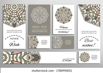 Big set of greeting Cards or wedding Invitations. Postcards template with inscription Make a Wish, Best Wishes, Happy Birthday. Banner, business cards with mandala ornament. Isolated design elements