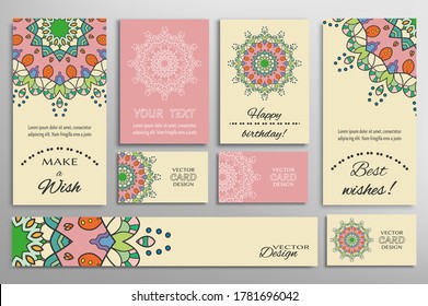 Big set of greeting Cards or wedding Invitations. Postcards template with inscription Make a Wish, Best Wishes, Happy Birthday. Banner, business cards with mandala ornament. Isolated design elements