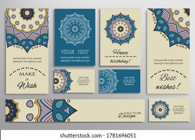 Big set of greeting Cards or wedding Invitations. Postcards template with inscription Make a Wish, Best Wishes, Happy Birthday. Banner, business cards with mandala ornament. Isolated design elements
