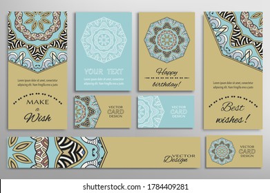 Big set of greeting Cards or wedding Invitations. Postcards template with inscription Make a Wish, Best Wishes, Happy Birthday. Banner, business cards with mandala ornament. Isolated design elements