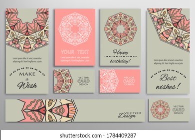 Big set of greeting Cards or wedding Invitations. Postcards template with inscription Make a Wish, Best Wishes, Happy Birthday. Banner, business cards with mandala ornament. Isolated design elements