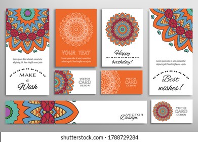 Big set of greeting Cards or wedding Invitations. Postcards template with inscription Make a Wish, Best Wishes, Happy Birthday. Banner, business cards with mandala ornament. Isolated design elements