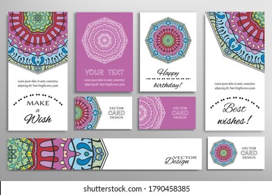 Big set of greeting Cards or wedding Invitations. Postcards template with inscription Make a Wish, Best Wishes, Happy Birthday. Banner, business cards with mandala ornament. Isolated design elements