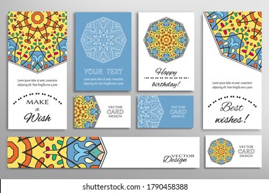 Big set of greeting Cards or wedding Invitations. Postcards template with inscription Make a Wish, Best Wishes, Happy Birthday. Banner, business cards with mandala ornament. Isolated design elements