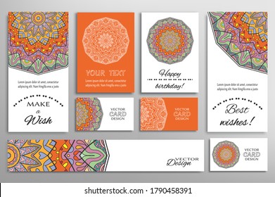 Big set of greeting Cards or wedding Invitations. Postcards template with inscription Make a Wish, Best Wishes, Happy Birthday. Banner, business cards with mandala ornament. Isolated design elements