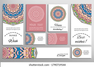 Big set of greeting Cards or wedding Invitations. Postcards template with inscription Make a Wish, Best Wishes, Happy Birthday. Banner, business cards with mandala ornament. Isolated design elements