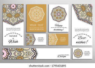 Big set of greeting Cards or wedding Invitations. Postcards template with inscription Make a Wish, Best Wishes, Happy Birthday. Banner, business cards with mandala ornament. Isolated design elements