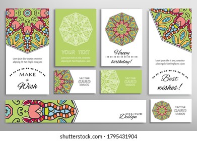 Big set of greeting Cards or wedding Invitations. Postcards template with inscription Make a Wish, Best Wishes, Happy Birthday. Banner, business cards with mandala ornament. Isolated design elements