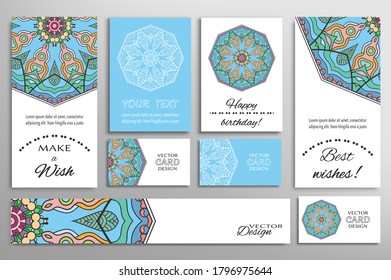 Big set of greeting Cards or wedding Invitations. Postcards template with inscription Make a Wish, Best Wishes, Happy Birthday. Banner, business cards with mandala ornament. Isolated design elements