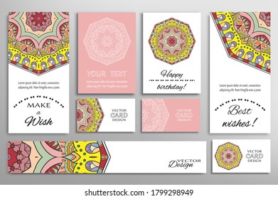 Big set of greeting Cards or wedding Invitations. Postcards template with inscription Make a Wish, Best Wishes, Happy Birthday. Banner, business cards with mandala ornament. Isolated design elements