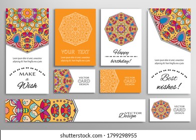 Big set of greeting Cards or wedding Invitations. Postcards template with inscription Make a Wish, Best Wishes, Happy Birthday. Banner, business cards with mandala ornament. Isolated design elements