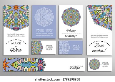 Gran juego de tarjetas de felicitación o invitaciones de boda. Plantilla de postales con inscripción Hacer un deseo, mejores deseos, cumpleaños feliz. Cartel, tarjetas de visita con ornamento mandala. Elementos de diseño aislados