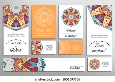 Big set of greeting Cards or wedding Invitations. Postcards template with inscription Make a Wish, Best Wishes, Happy Birthday. Banner, business cards with mandala ornament. Isolated design elements