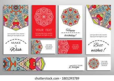 Big set of greeting Cards or wedding Invitations. Postcards template with inscription Make a Wish, Best Wishes, Happy Birthday. Banner, business cards with mandala ornament. Isolated design elements