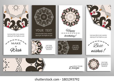 Big set of greeting Cards or wedding Invitations. Postcards template with inscription Make a Wish, Best Wishes, Happy Birthday. Banner, business cards with mandala ornament. Isolated design elements