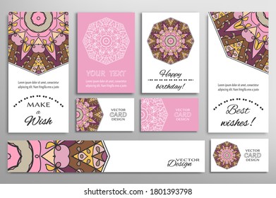 Big set of greeting Cards or wedding Invitations. Postcards template with inscription Make a Wish, Best Wishes, Happy Birthday. Banner, business cards with mandala ornament. Isolated design elements