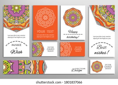 Big set of greeting Cards or wedding Invitations. Postcards template with inscription Make a Wish, Best Wishes, Happy Birthday. Banner, business cards with mandala ornament. Isolated design elements