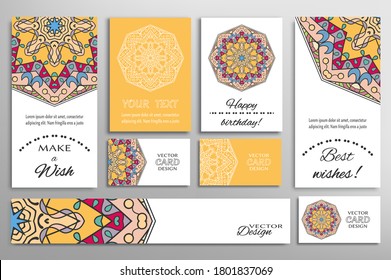 Big set of greeting Cards or wedding Invitations. Postcards template with inscription Make a Wish, Best Wishes, Happy Birthday. Banner, business cards with mandala ornament. Isolated design elements