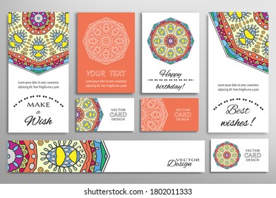 Big set of greeting Cards or wedding Invitations. Postcards template with inscription Make a Wish, Best Wishes, Happy Birthday. Banner, business cards with mandala ornament. Isolated design elements