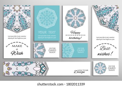 Big set of greeting Cards or wedding Invitations. Postcards template with inscription Make a Wish, Best Wishes, Happy Birthday. Banner, business cards with mandala ornament. Isolated design elements