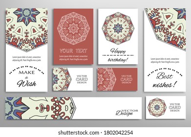 Big set of greeting Cards or wedding Invitations. Postcards template with inscription Make a Wish, Best Wishes, Happy Birthday. Banner, business cards with mandala ornament. Isolated design elements
