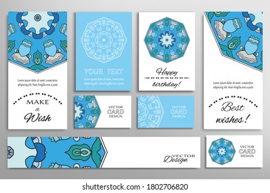 Big set of greeting Cards or wedding Invitations. Postcards template with inscription Make a Wish, Best Wishes, Happy Birthday. Banner, business cards with mandala ornament. Isolated design elements