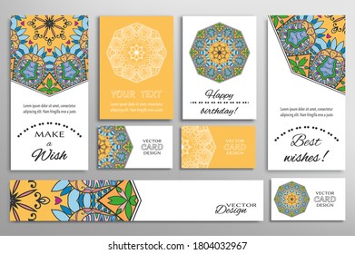 Big set of greeting Cards or wedding Invitations. Postcards template with inscription Make a Wish, Best Wishes, Happy Birthday. Banner, business cards with mandala ornament. Isolated design elements