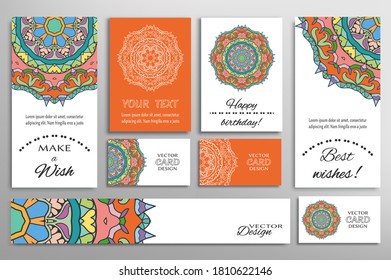 Big set of greeting Cards or wedding Invitations. Postcards template with inscription Make a Wish, Best Wishes, Happy Birthday. Banner, business cards with mandala ornament. Isolated design elements