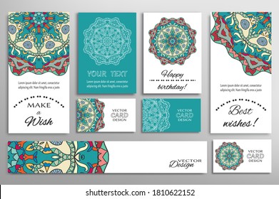 Big set of greeting Cards or wedding Invitations. Postcards template with inscription Make a Wish, Best Wishes, Happy Birthday. Banner, business cards with mandala ornament. Isolated design elements