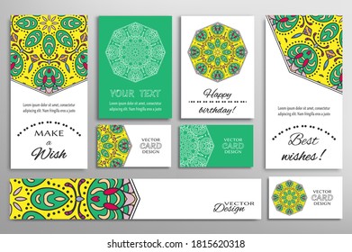 Big set of greeting Cards or wedding Invitations. Postcards template with inscription Make a Wish, Best Wishes, Happy Birthday. Banner, business cards with mandala ornament. Isolated design elements
