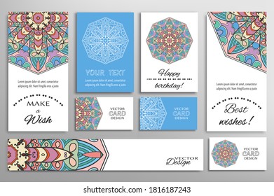 Big set of greeting Cards or wedding Invitations. Postcards template with inscription Make a Wish, Best Wishes, Happy Birthday. Banner, business cards with mandala ornament. Isolated design elements