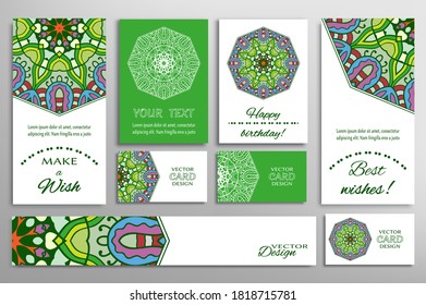 Big set of greeting Cards or wedding Invitations. Postcards template with inscription Make a Wish, Best Wishes, Happy Birthday. Banner, business cards with mandala ornament. Isolated design elements