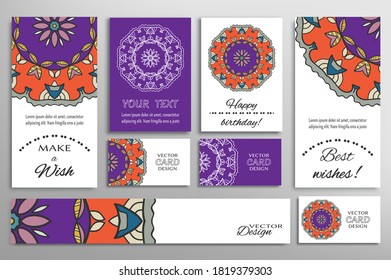 Big set of greeting Cards or wedding Invitations. Postcards template with inscription Make a Wish, Best Wishes, Happy Birthday. Banner, business cards with mandala ornament. Isolated design elements