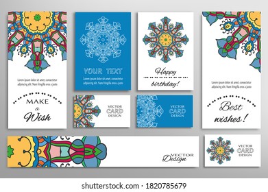 Big set of greeting Cards or wedding Invitations. Postcards template with inscription Make a Wish, Best Wishes, Happy Birthday. Banner, business cards with mandala ornament. Isolated design elements