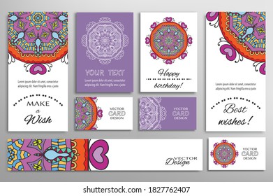 Big set of greeting Cards or wedding Invitations. Postcards template with inscription Make a Wish, Best Wishes, Happy Birthday. Banner, business cards with mandala ornament. Isolated design elements