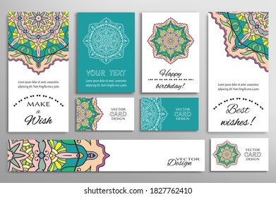 Big set of greeting Cards or wedding Invitations. Postcards template with inscription Make a Wish, Best Wishes, Happy Birthday. Banner, business cards with mandala ornament. Isolated design elements