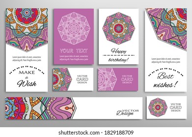 Big set of greeting Cards or wedding Invitations. Postcards template with inscription Make a Wish, Best Wishes, Happy Birthday. Banner, business cards with mandala ornament. Isolated design elements