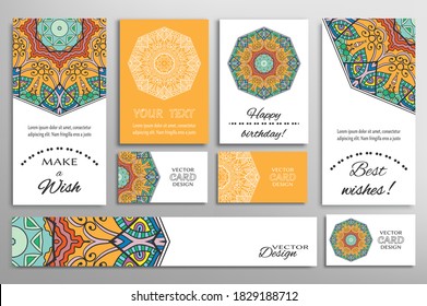 Big set of greeting Cards or wedding Invitations. Postcards template with inscription Make a Wish, Best Wishes, Happy Birthday. Banner, business cards with mandala ornament. Isolated design elements