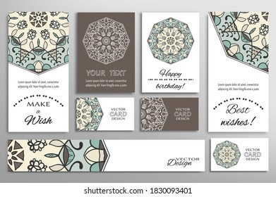 Big set of greeting Cards or wedding Invitations. Postcards template with inscription Make a Wish, Best Wishes, Happy Birthday. Banner, business cards with mandala ornament. Isolated design elements