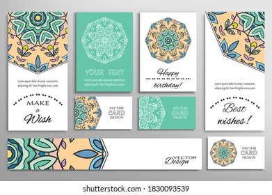 Big set of greeting Cards or wedding Invitations. Postcards template with inscription Make a Wish, Best Wishes, Happy Birthday. Banner, business cards with mandala ornament. Isolated design elements