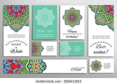 Big set of greeting Cards or wedding Invitations. Postcards template with inscription Make a Wish, Best Wishes, Happy Birthday. Banner, business cards with mandala ornament. Isolated design elements