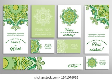 Big set of greeting Cards or wedding Invitations. Postcards template with inscription Make a Wish, Best Wishes, Happy Birthday. Banner, business cards with mandala ornament. Isolated design elements