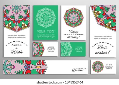 Big set of greeting Cards or wedding Invitations. Postcards template with inscription Make a Wish, Best Wishes, Happy Birthday. Banner, business cards with mandala ornament. Isolated design elements