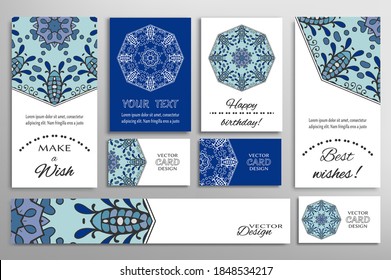 Big set of greeting Cards or wedding Invitations. Postcards template with inscription Make a Wish, Best Wishes, Happy Birthday. Banner, business cards with mandala ornament. Isolated design elements