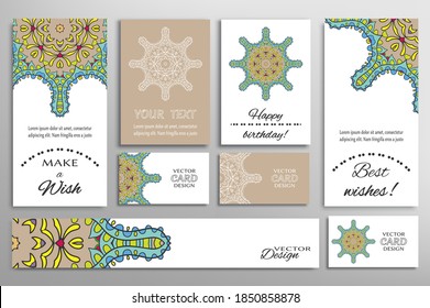 Big set of greeting Cards or wedding Invitations. Postcards template with inscription Make a Wish, Best Wishes, Happy Birthday. Banner, business cards with mandala ornament. Isolated design elements