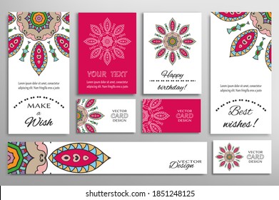 Big set of greeting Cards or wedding Invitations. Postcards template with inscription Make a Wish, Best Wishes, Happy Birthday. Banner, business cards with mandala ornament. Isolated design elements