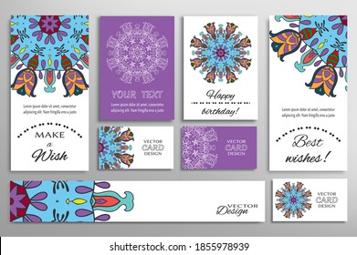 Big set of greeting Cards or wedding Invitations. Postcards template with inscription Make a Wish, Best Wishes, Happy Birthday. Banner, business cards with mandala ornament. Isolated design elements